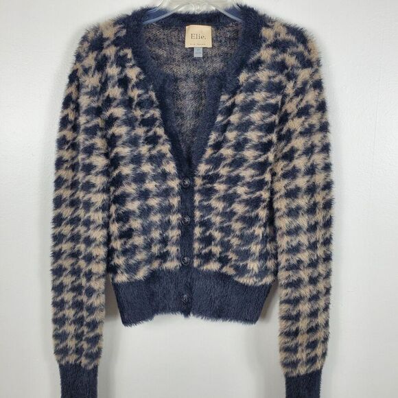 Elie Tahari Faux Fur Houndstooth Button Up Sweater Fuzzy Jacket Womens Sz S - Picture 2 of 11
